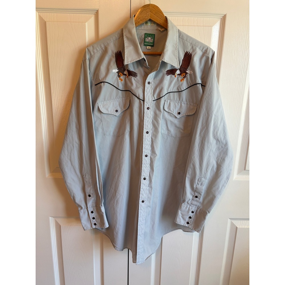 Vintage Rock Creek Ranch Western Pearl Snap Embroidered Eagle Shirt XL Blue
